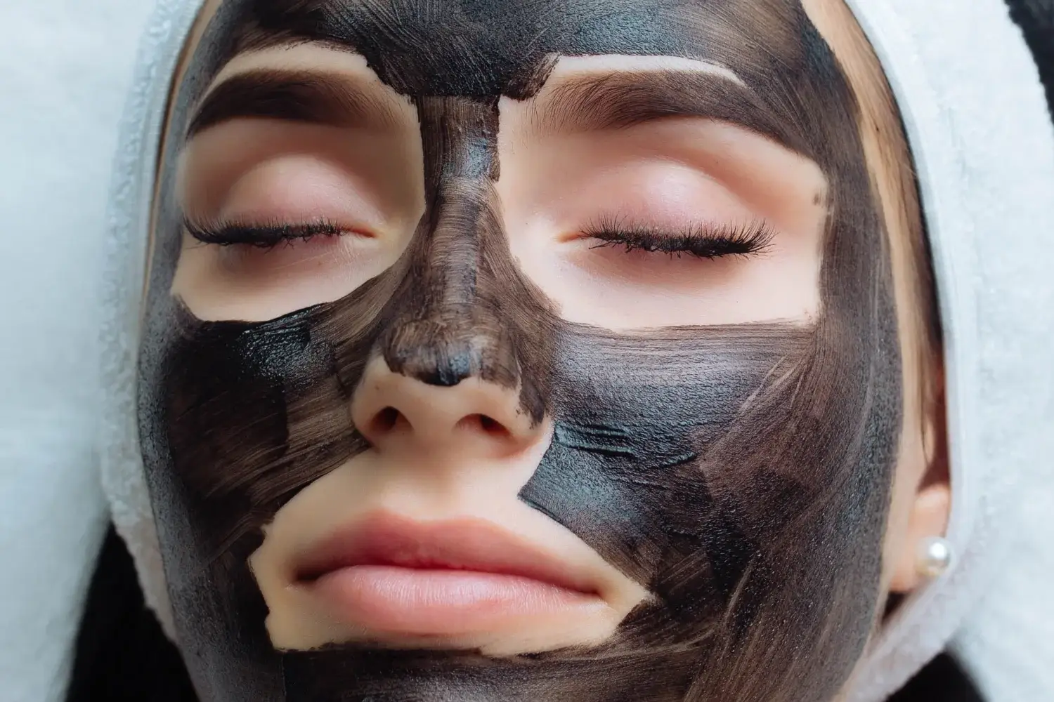Close-up of a client relaxing with a black facial mask applied across the face.